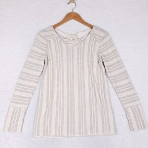 Sinuous Womens XS Striped Long Sleeve‎ V-Neck Top Back Tie Cream Grey Coastal